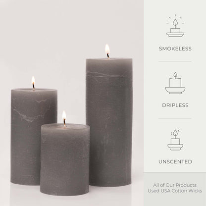 BASK Mottled Unscented Cool Grey Pillar Candles Set of 3 - Dripless Large Smokeless Pillar Candles for All Occasions