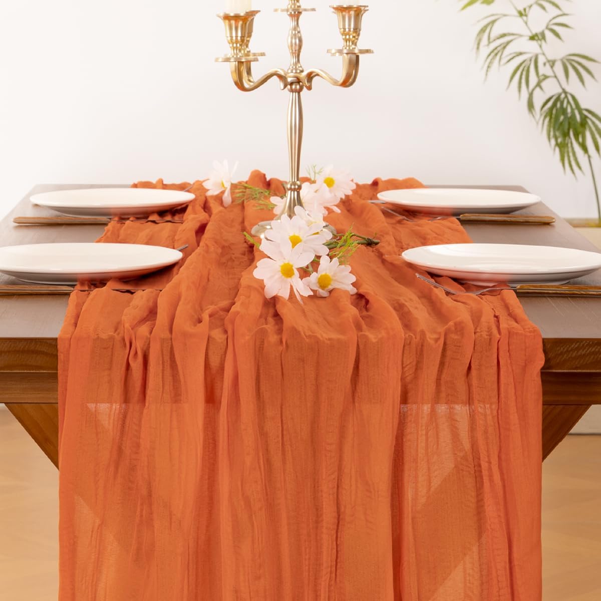Socomi Cheesecloth Table Runner - 3pcs Orange Boho Rustic 120 Inch Sheer Decor for Weddings & Parties