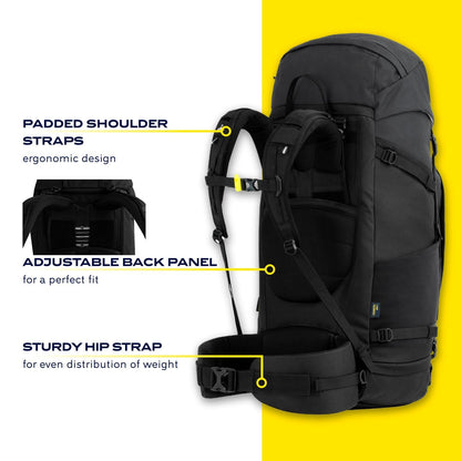 NOMAD Batura Backpack - Premium 70L Pack with Rain Cover Included | Lightweight Rucksack for Traveling, Hiking, Camping, Outdoor Sports (Black)