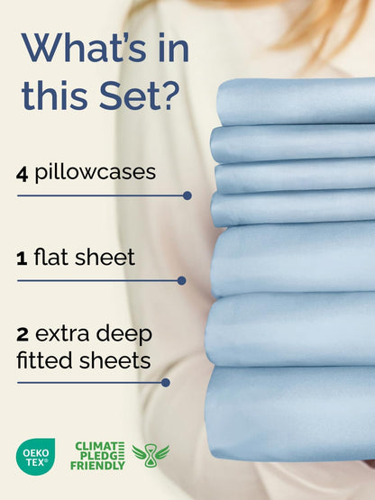 Skiennix Extra Deep Split King Sheet Set - 7 Piece Cooling Luxury Bedding - Soft, Wrinkle-Free, Sky Blue