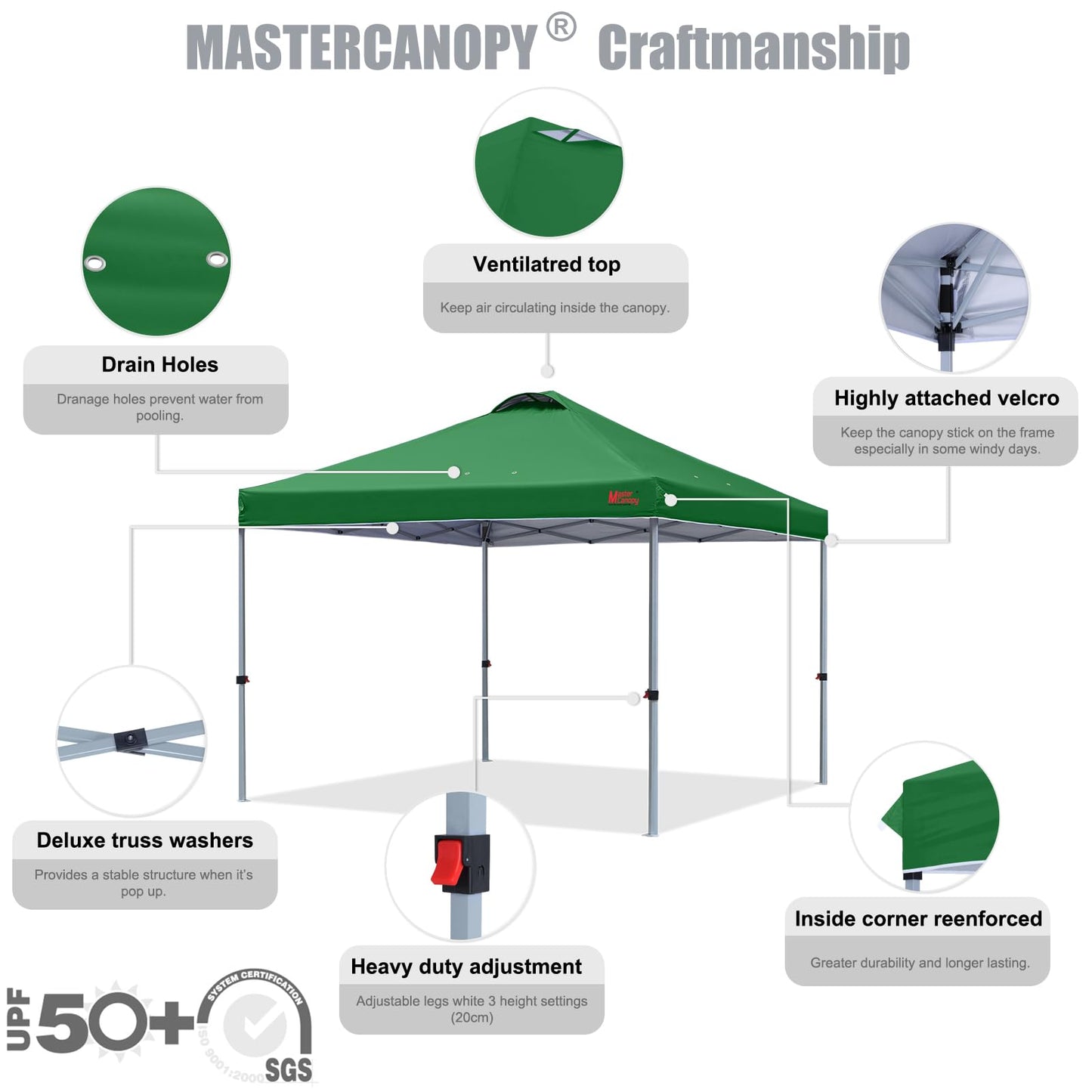MASTERCANOPY 8x8 Pop Up Canopy Tent, 1 Person Setup Instant Shelter,Outdoor Portable Beach Canopy with Roller Bag, 4 Sandbags, 4 Ropes, 8 Stakes (8x8, Forest Green)