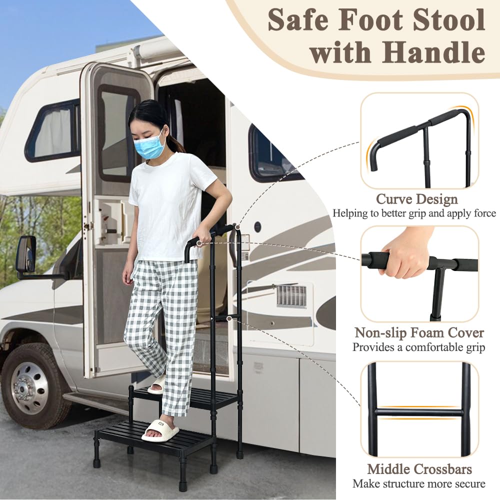 Bed Steps for High Beds for Adults Medical Step Stool with Handle Elderly Handicap Bedside Step Safety Car Step Stool with Handrail 2 Step Platforms Heavy Duty Foot Stool for RV, Kitchen, Bathtub