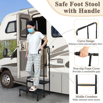 Bed Steps for High Beds for Adults Medical Step Stool with Handle Elderly Handicap Bedside Step Safety Car Step Stool with Handrail 2 Step Platforms Heavy Duty Foot Stool for RV, Kitchen, Bathtub