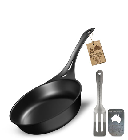 SOLIDTEKNICS 8" Outdoor Skillet Set – Naturally Seasoned Australian Iron Skillet with Lil Flippa Stainless Flipper & Mini Pan Scraper Lightweight Camping Cookware for Grill & Campfire Cooking