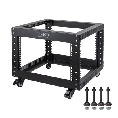 RIVECO 6U Open Frame Server Rack with Wheels- Heavy Duty 4 Post Quick Assembly 19-inch Support 600KG Equipment Home Network Cabinet Black