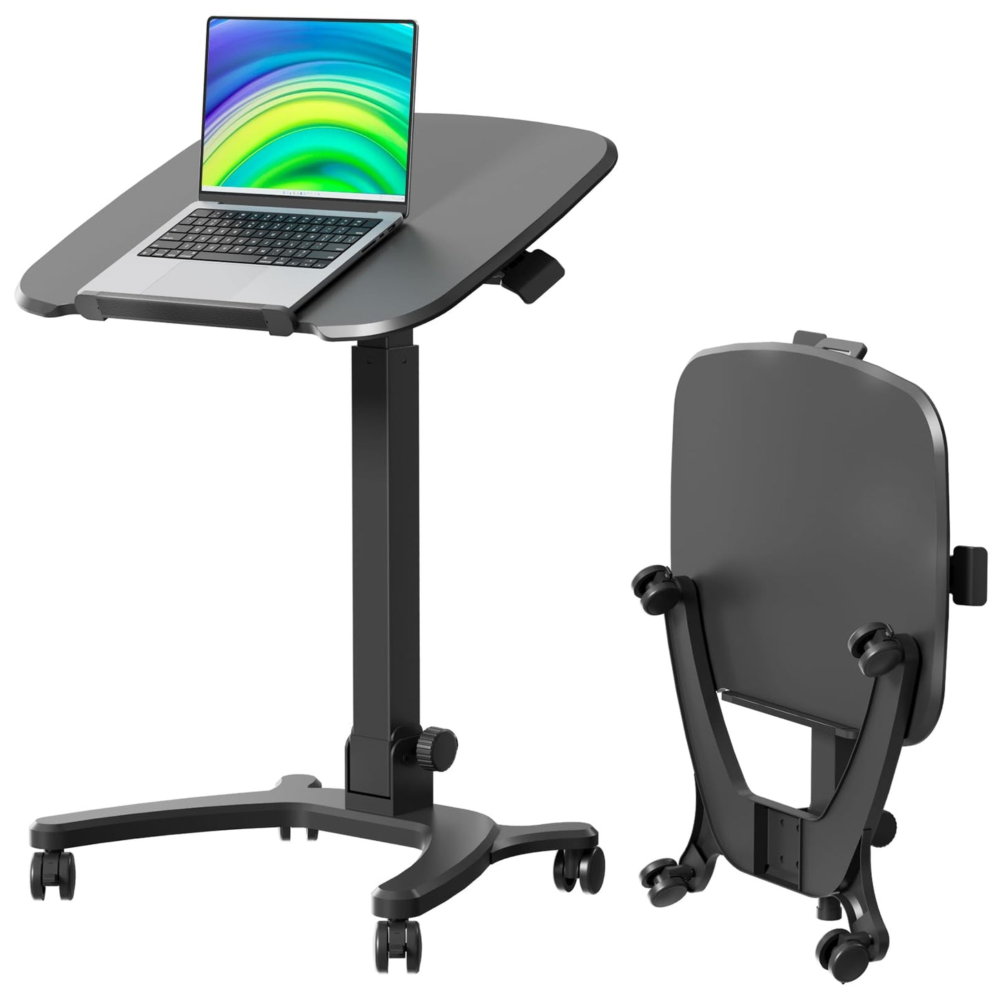 JYLH JOYSEEKER Foldable Mobile Standing Desk, 27"×21" Portable Rolling Laptop Cart with 90° Tiltable Board, Height Adjustable Mobile Desk Workstation with Wheels, Folding Table for Home Office, Black