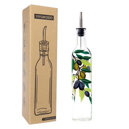 YIYUKODO 17oz Hand Painted Glass Olive Oil Bottle Dispenser - 500ml Green Oil & Vinegar Cruet with Pourers - Olive Oil Carafe Decanter for Kitchen (olive2)