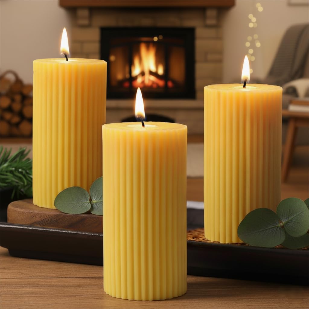 3 Pack Pure Beeswax Pillar Candles Bulk, Organic Ribbed Bees Wax Decorative Candles for Home Decor-1.96x3.85 Inch, Unscented Long Burning Natural Bees Wax Pillar Bulk Aesthetic Candles-105 Hours