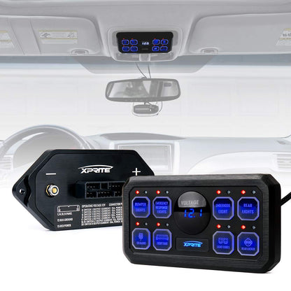 Xprite 8 Gang Switch Panel Box with Digital Voltmeter, Universal Touch LED Switch Pod Compatible with Jeep Truck UTV SUV Boat RV Marine Car Vehicles - Blue
