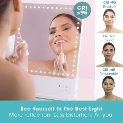 GLAMCOR Riki Skinny Smart Vanity Mirror with HD LEDs, Magnifying Mirror Attachment, Phone Holder and Bluetooth Control (White, 5X Magnification)