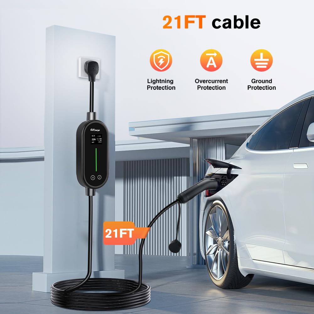 Junsun Portable Electric Car EV Charger Level 1/2 for Tesla 21ft Cable NEMA 14-50P 5-15P NACS Connector Compatible with Tesla Models X/Y/3/S