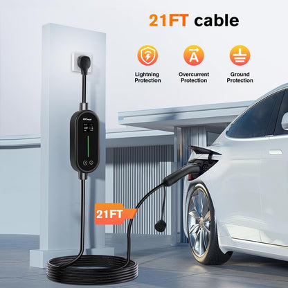 Junsun Portable Electric Car EV Charger Level 1/2 for Tesla 21ft Cable NEMA 14-50P 5-15P NACS Connector Compatible with Tesla Models X/Y/3/S