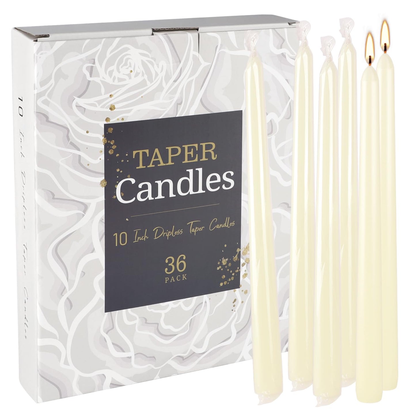 YOROXRG 36 Pack Ivory White Taper Candles, 7-8 Hours Burn Time, Unscented, Smokeless and Dripless, 0.8 x 10 Inch Dinner Candle Set for Household, Wedding, Party and Home Décor Candlesticks