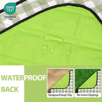 ZAZE Extra Large Waterproof Picnic Blanket - 80''x80'' Gingham Mat for Beach & Camping | Green & White