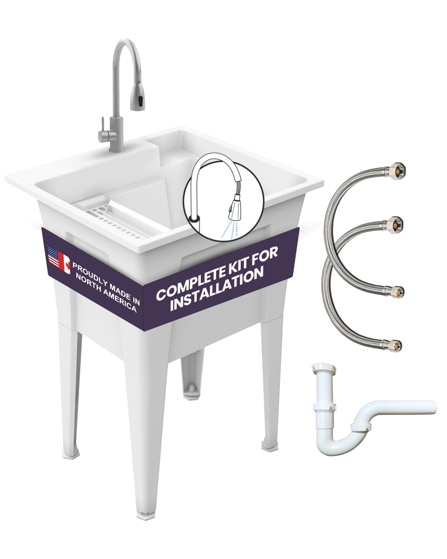 Freestanding Utility Sink with Stainless Steel Gooseneck Faucet - 24" Plastic Utility Sink for Garage, Laundry, Indoor and Oudoor Use - Laundry Tub Kit by Noah William Home - White (19.5 gal)