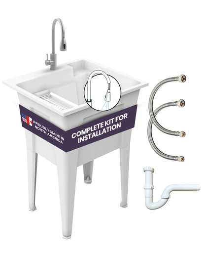 Freestanding Utility Sink with Stainless Steel Gooseneck Faucet - 24" Plastic Utility Sink for Garage, Laundry, Indoor and Oudoor Use - Laundry Tub Kit by Noah William Home - White (19.5 gal)