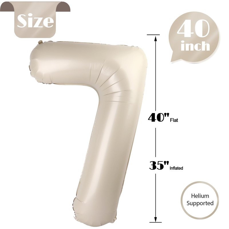 Cream Number 7 Balloon 40 Inch, 7th Birthday Party Decorations for Children, Giant 7 Foil Balloon for Party Supplies