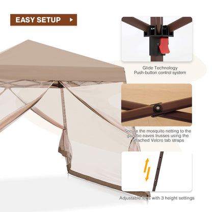 INTER HUT 10x10 Pop Up Canopy Tent, Slant Leg Instant Screened Gazebo with Mesh Walls, UV Protection, Water Resistant, Beige