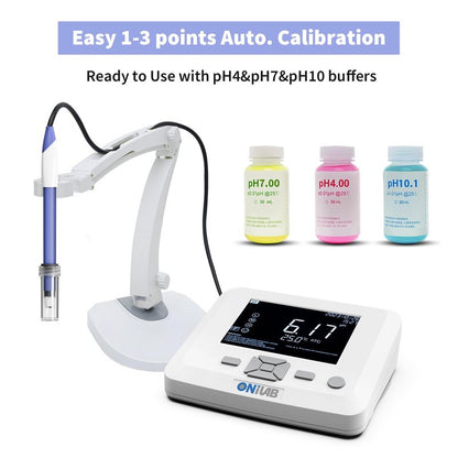 ONiLAB Benchtop Lab pH Meter, 0.01 pH Accuracy, 1-3 Points Auto Calibration, 3-in-1 pH/Temp. Electrode