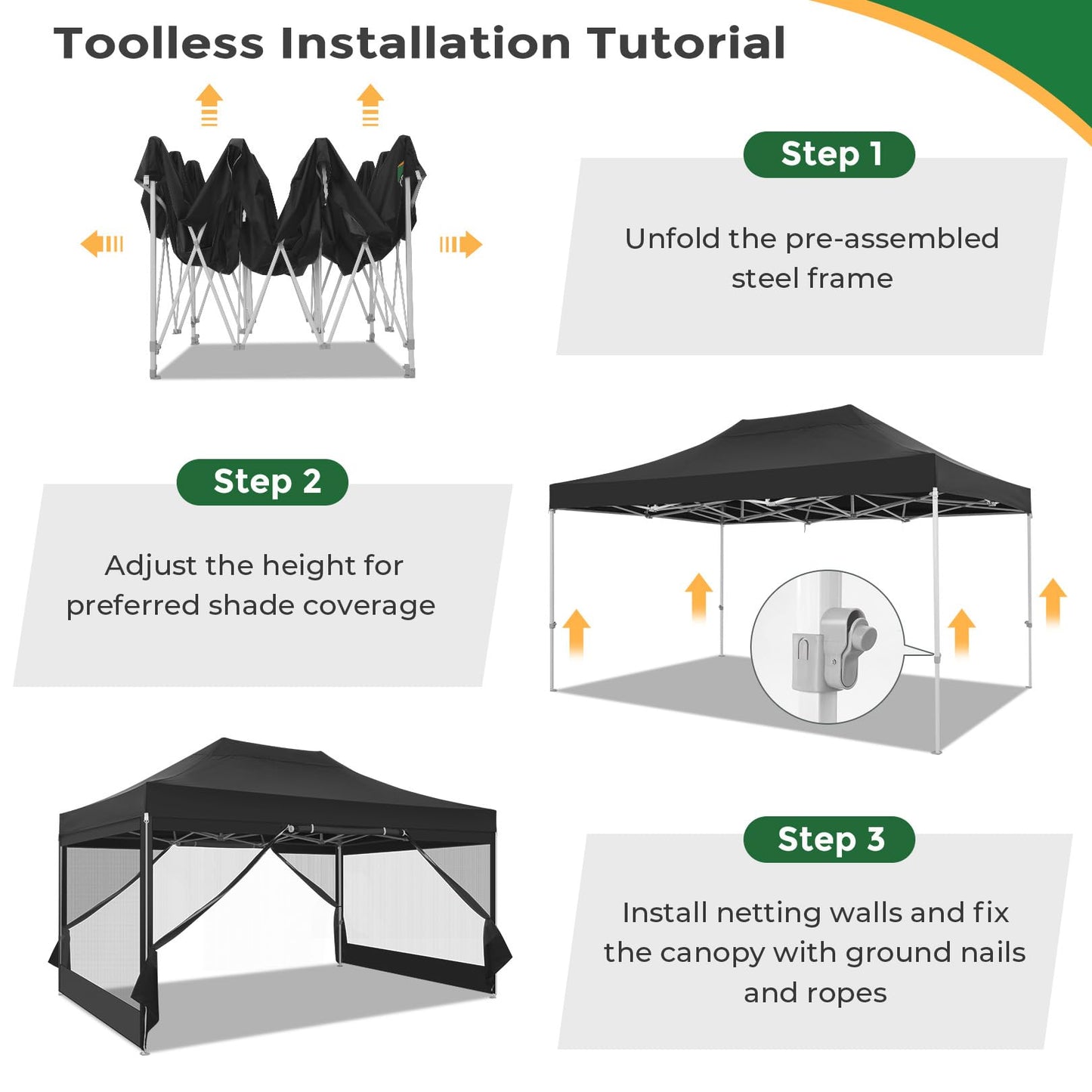 COBIZI 10x15 Heavy Duty Pop Up Canopy with 4 Sidewalls, Commercial Gazebo Party Tent with Mosquito Netting Wall Easy Set Up Outdoor Instant Screen Tent for Backyard, Patio, Garden, Black