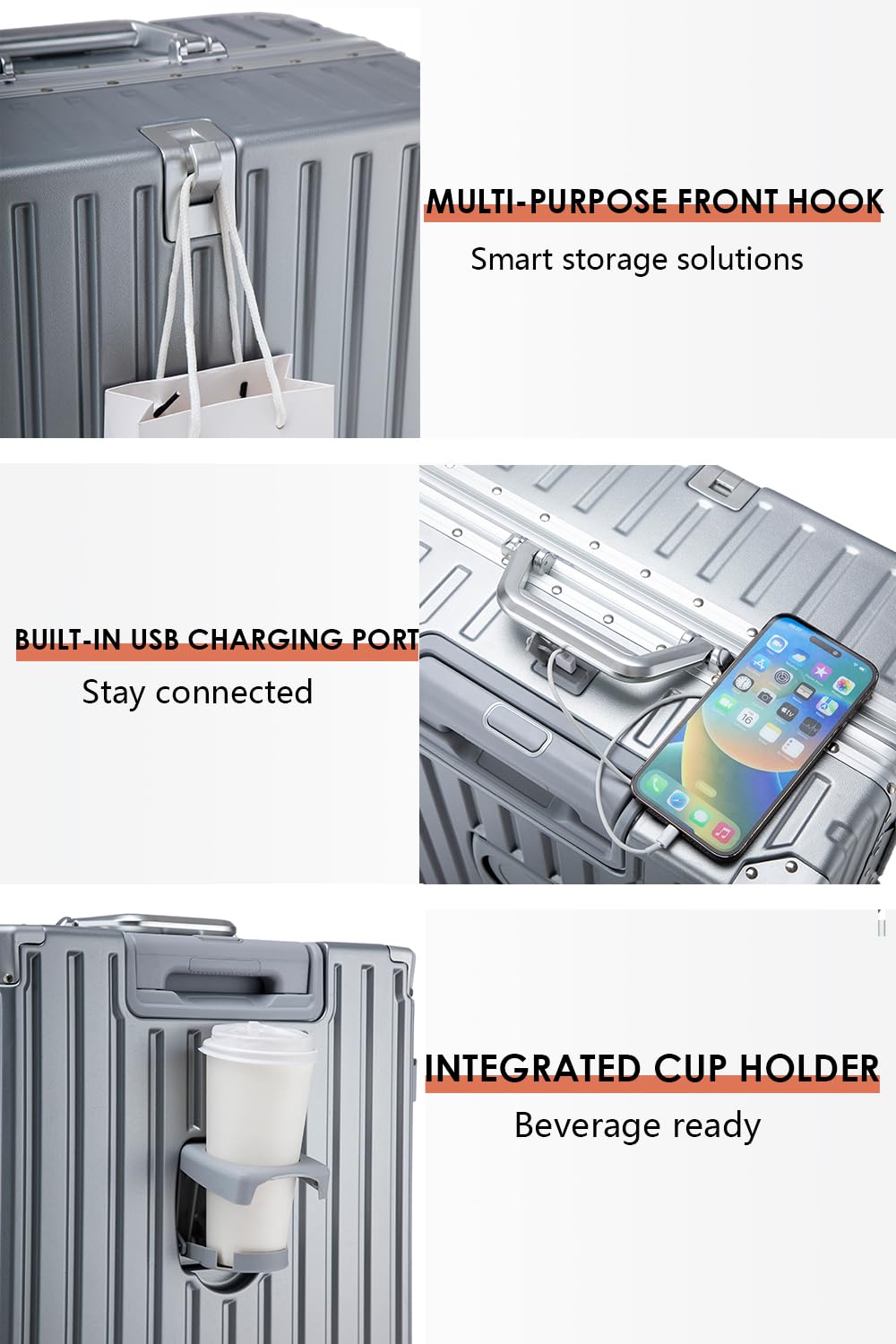 HotWay PC Hard Shell Checked Suitcase with Aluminum Frame, Luggage with Cup Holder and USB Port, Zipperless Luggage for Business Travel (Silver, Checked In 24Inch)