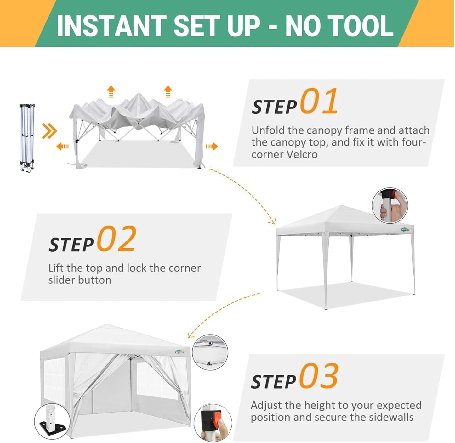 COBIZI 10x10 Pop Up Canopy Tent with 4 Sidewalls Party Tents Waterproof UPF 50+ Commercial Instant Outdoor Events Tent for Parties Markets Backyard, Ropes（10 x 10 ft White
