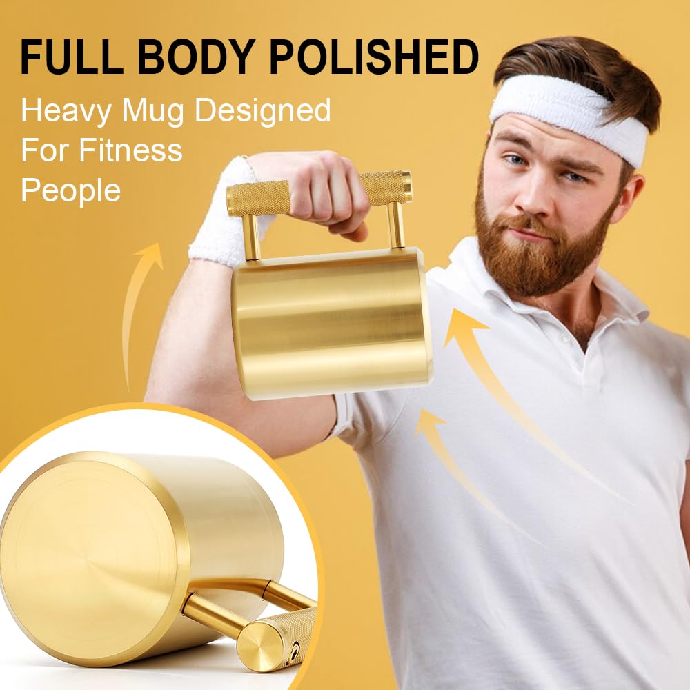 Heavy Mug Weighted Mug 18LB/8KG 10 oz Heavy Workout Cup with Non-Slip Handle, 304 Stainless Steel Fitness Dumbbell Coffee Mug for Home Gym Training, Arm Strength Challenge,Golden