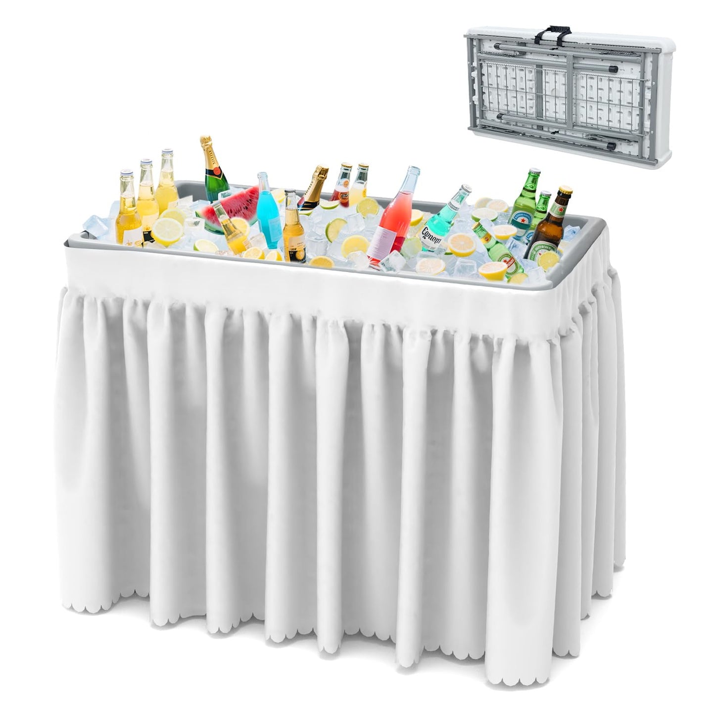 SHAREWIN Folding Ice Cooler Table, Skirt &Drain Hose Plastic Chill Table to Keep Drinks Cool, Portable Foldable Self-Serving Beverage Cooling Bar for Parties, Picnics, Barbecues, Fishing(White