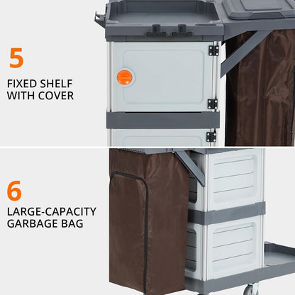 Commercial Janitorial Cart with 2 Cabinet, Cleaning Cart On Wheels, Housekeeping Caddy with Cover, Shelves, and Vinyl Bag, Hotel Housekeeping Room Hand Push Utility Service Cart