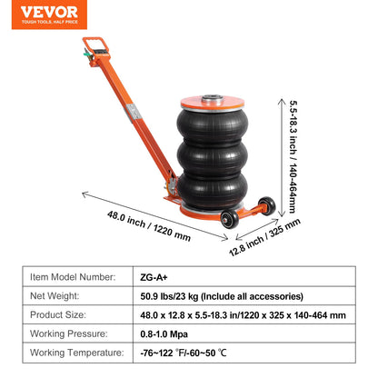 VEVOR Air Jack, 5 Ton/11000 lbs, 4-10 S Pneumatic Lifting Jack with Heightened Column & Adjustable Handle, Easy-to-Lift & Space-Saving Jack with Thick Rubber Pad, Fits for Sedan, SUV, Pickup Truck