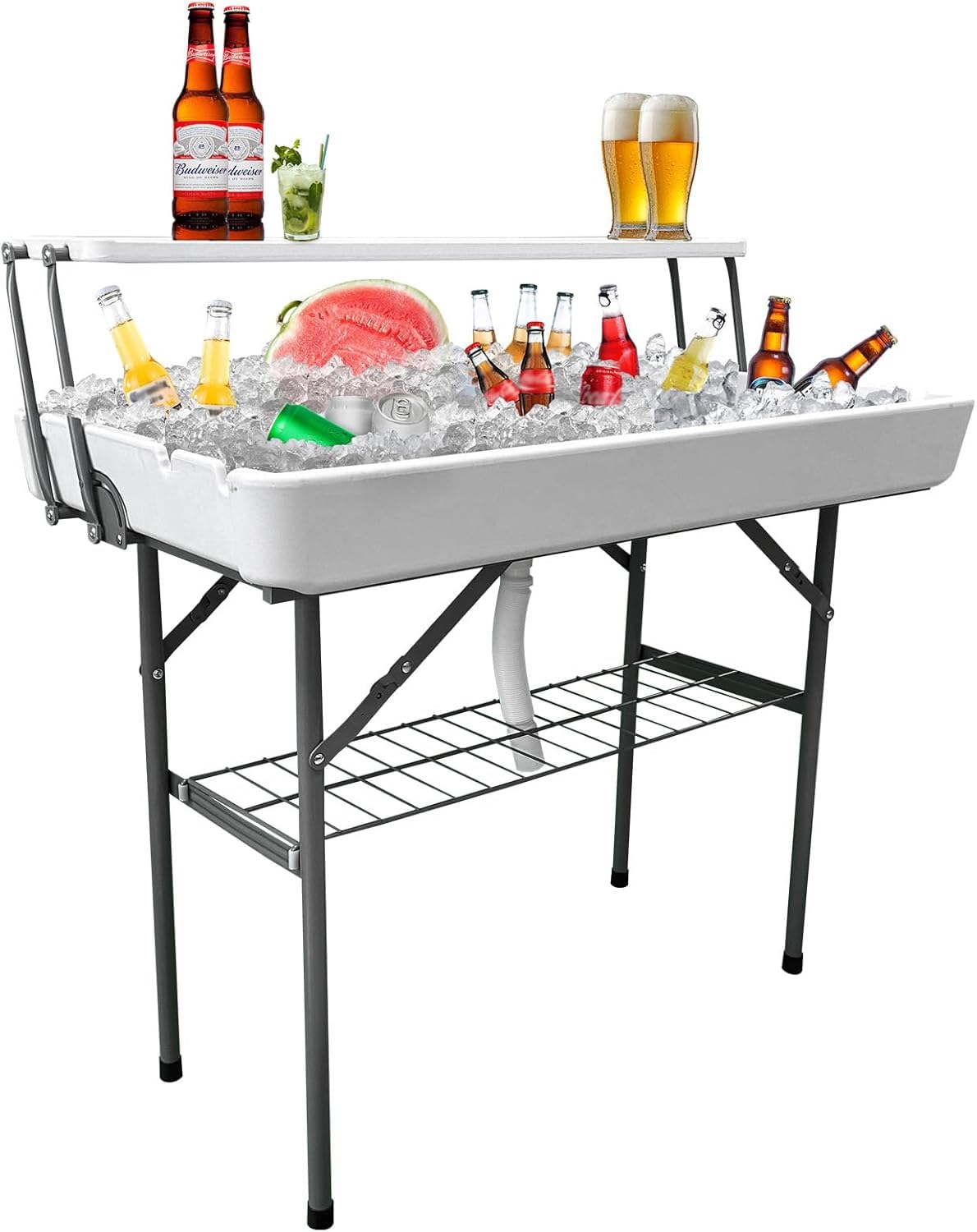 CAMP SOLUTIONS 2 Tiers Ice Cooler Table with Storage Rack & Drain Hose, Foldable Patio Cooler Table Keep Food Chill Fresh, Portable Fish Cleaning Station Outdoor for Party Picnic Camping BBQ (White)