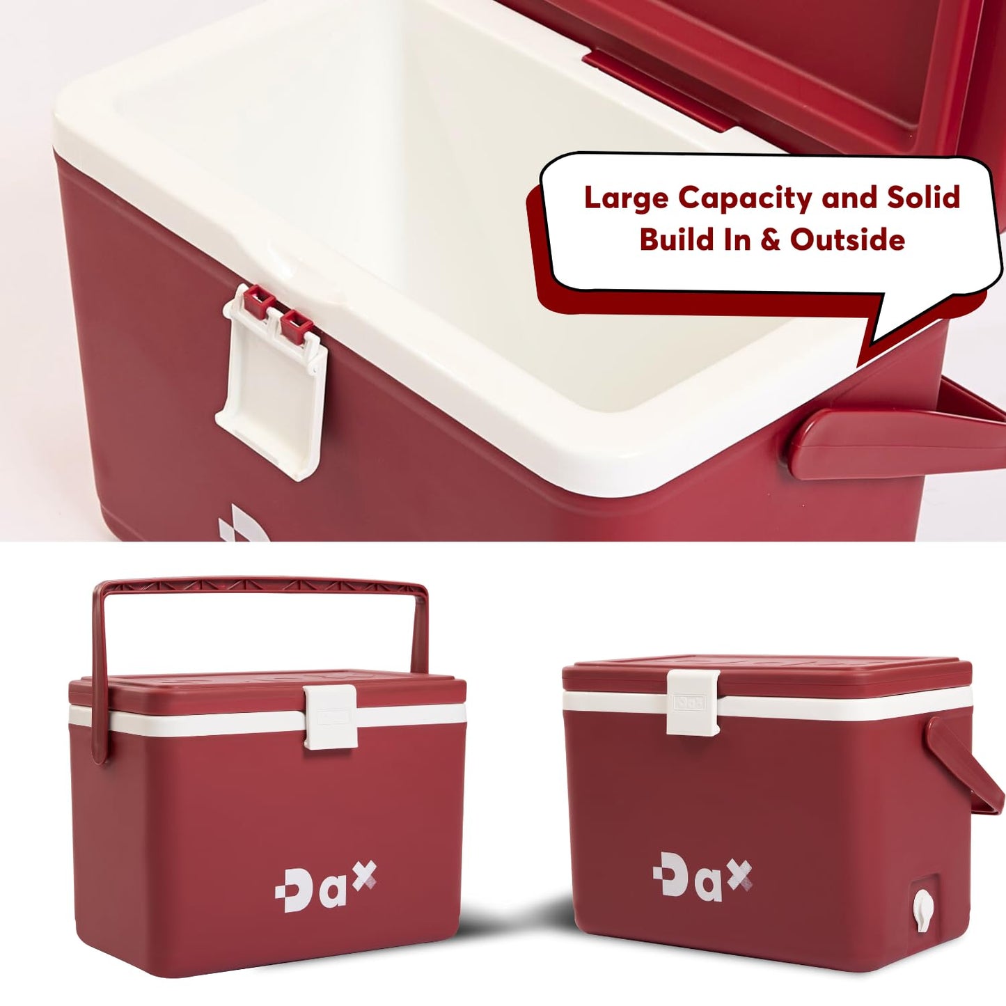 DA 12/26 Quart Small Portable Hard Cooler Ice Chest with Carry Handle, Keep Cool Up to 72 Hours, Lightweight Insulated Cooler for Lunch, Picnics, Camping, Travel (26QT Burgundy)