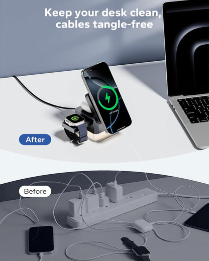 KPON for iPhone Nightstand Charging Station,15W 3 in 1 Wireless Phone Charger Stand with Night Lamp, Travel Foldable Magnetic Cube Magsafe Dock for iPhone 16 15 14 13 12 Series/Apple Watch/Airpods