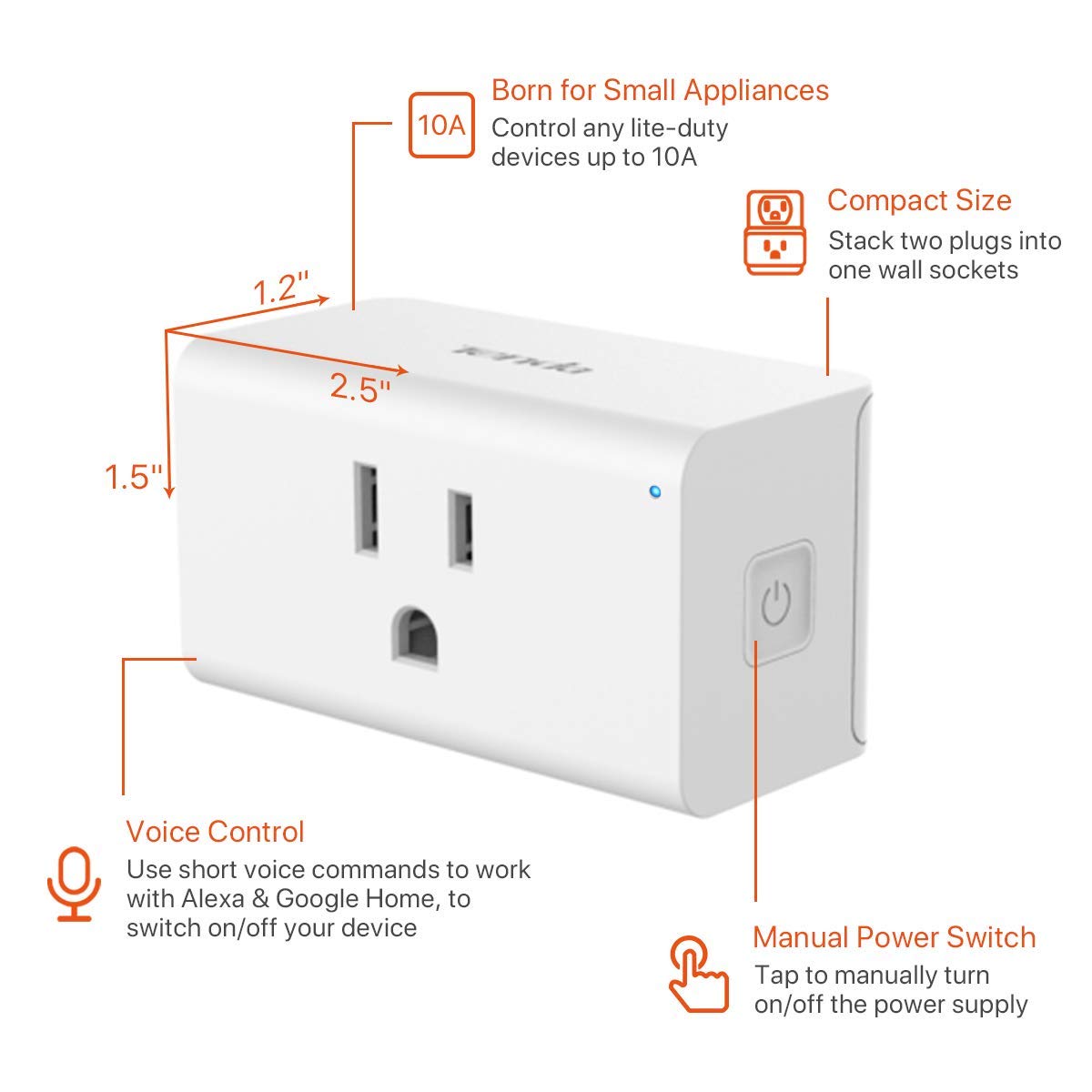 TENDA SP6 Smart Plug WiFi Outlet Switch, Works with Alexa & Google Assistant for Voice Control, Remote Control via App, Timer & Schedule Function, 15A Easy Install, Compact Design, FCC ETL Certified