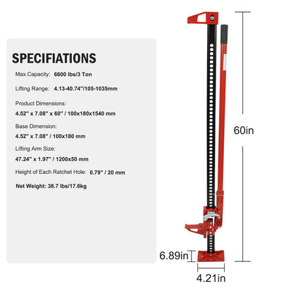 GarveeTech 3 T Farm Jack, 60 in Utility Farm Jack, 6600 LBS Capacity Ratcheting Off Road Utility Jack, Heavy-Duty Farm Jacks Foratv, Utv, SUV, Tractor, Truck, Universal Jack