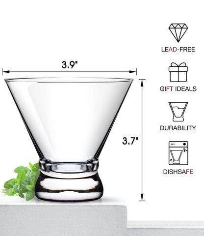 LUNA & MANTHA Martini Glasses Set of 4, Stemless Martini Cocktail Glasses for Margarita, Manhattan, Cosmopolitan, Home Bar, Evening Parties, Birthdays, Housewarming Gift, Crystal Clear 8 OZ