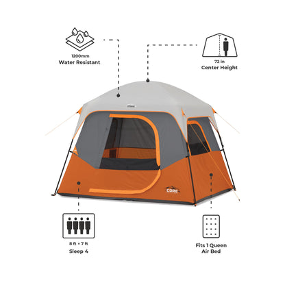 CORE 4 Person Cabin Tent | Portable Family Tent with Carry Bag for Outdoor Car Camping | Included Gear Loft for Camping Accessories