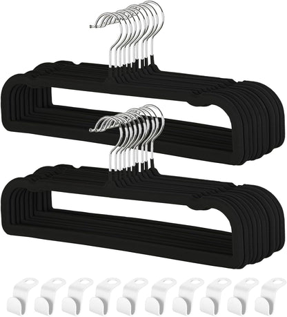 Velvet Hangers - Non-Slip Pants Hangers for Closet | 20 Pack Space-Saving Design with 360° Rotatable Hook (Black)