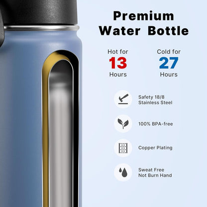 Koodee Kids Stainless Steel Water Bottle - 16 oz Double Wall Insulated Flask with Straw | BPA Free, Royal Blue