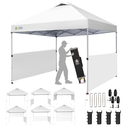 CROWN SHADES 10x10 Pop up Canopy Tent Instant Canopy with 150D Silver Coated Fabric Including 2 Half Sidewalls, 4 Ropes, 8 Stakes, 4 Weight Bags, STO-N-GO Bag, Grid White