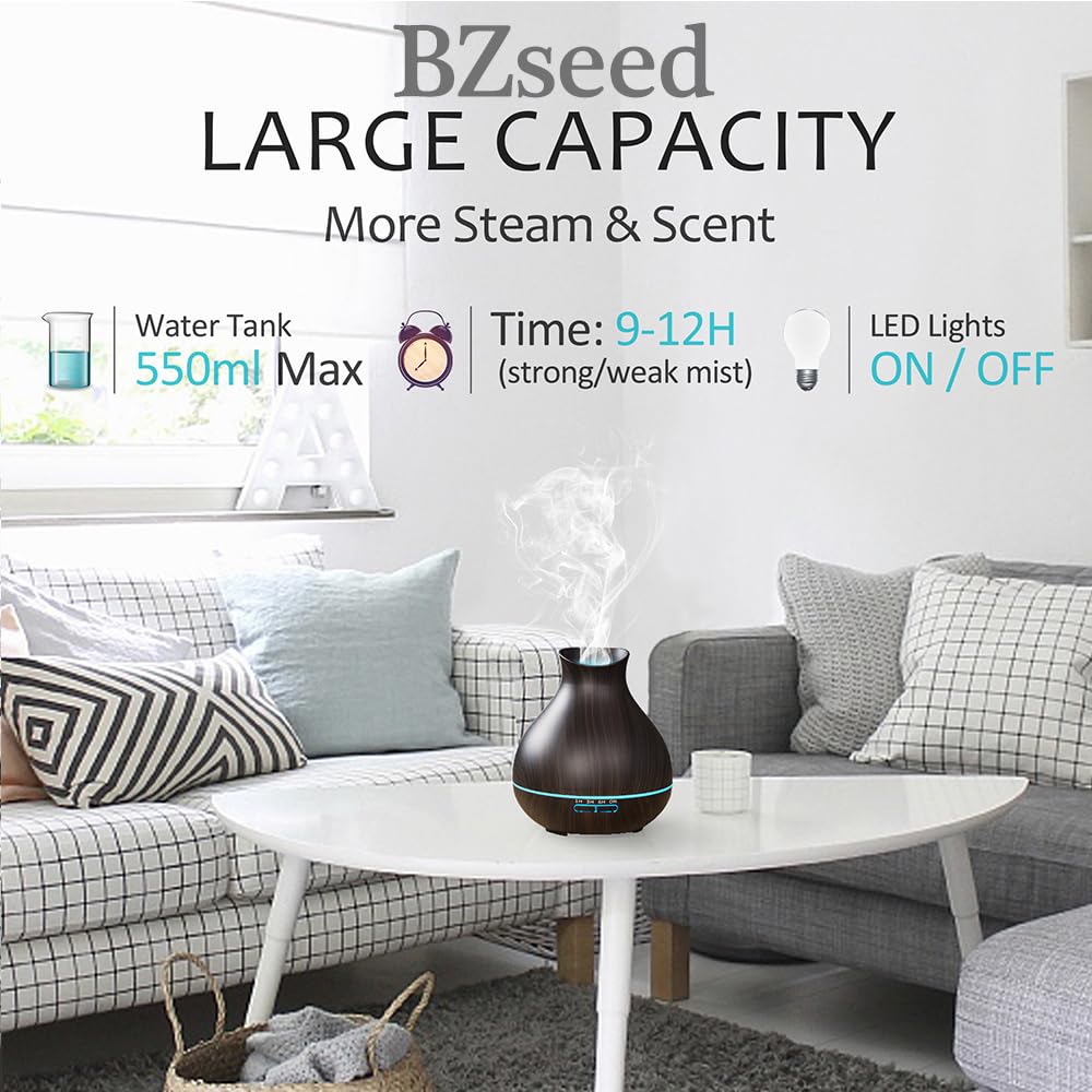 BZseed Aromatherapy Essential Oil Diffuser 550ml 12 Hours Wood Grain Aroma Diffuser with Timer Cool Mist Humidifier for Large Room, Home, Baby Bedroom, Waterless Auto Shut-off,7 Colors Lights Changing