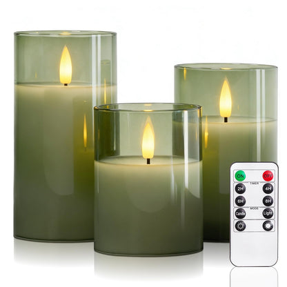 5plots Glass Battery Operated Green Flameless Candles with Remote Timer, 3D Wick Real Wax Pillar Led Candles Warm Flickering Light for Indoor Home, Halloween, Christmas Decor D3 x H4 5" 6", Set of 3