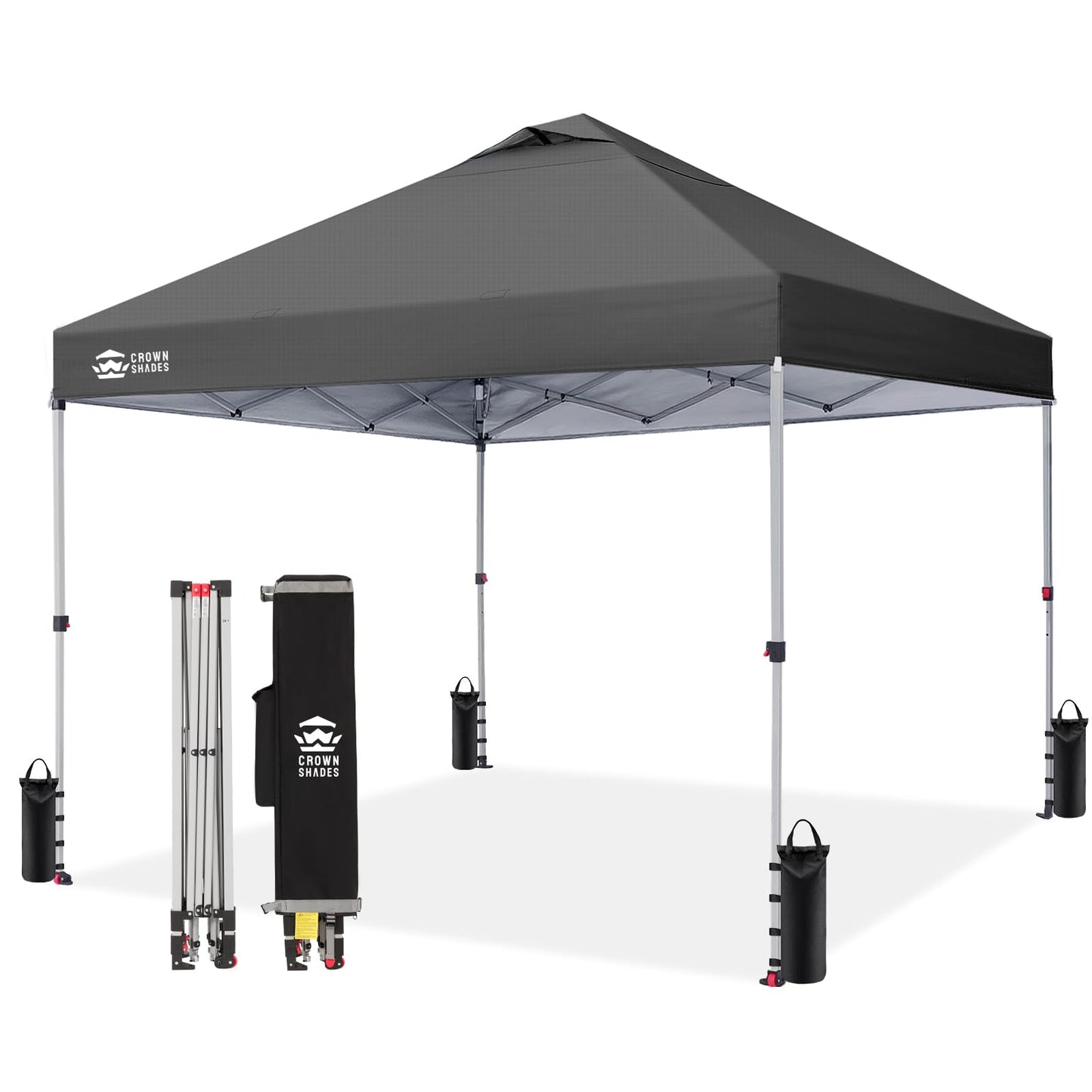 CROWN SHADES 10x10 Pop Up Canopy - Beach Tent with CenterLok One Push Setup - Easy Outdoor Sun Shade Shelter for Events, Parties - Gazebo with STO-N-Go Cover Bag, Silver Coated Top, Grid Grey