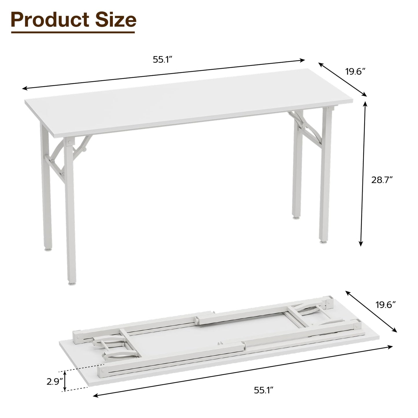 TEMI Long Computer Desk Folding Table - 55.1" Foldable Office Desk, No Assembly, Perfect Writing Table for Bedroom or Apartment, Portable Large Desk or Study Table with Compact Design, White Ash