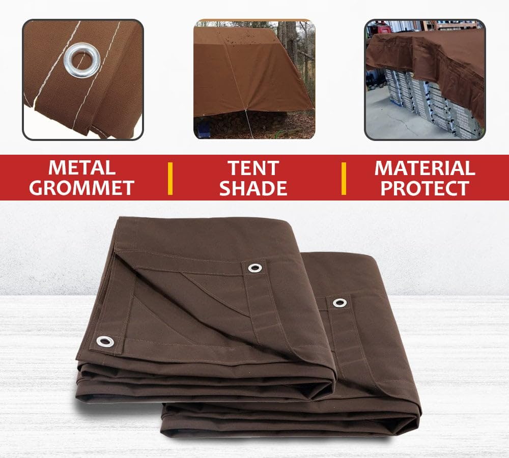 Mytee Products 20' x 20' Dark Brown 12oz Canvas Tarp with Grommets - Water Resistant - Heavy Duty Canvas Tarps - Multipurpose Tarpaulin Cover for Canopy Tent, Roof, Camping, Semi Trucks & Cargo