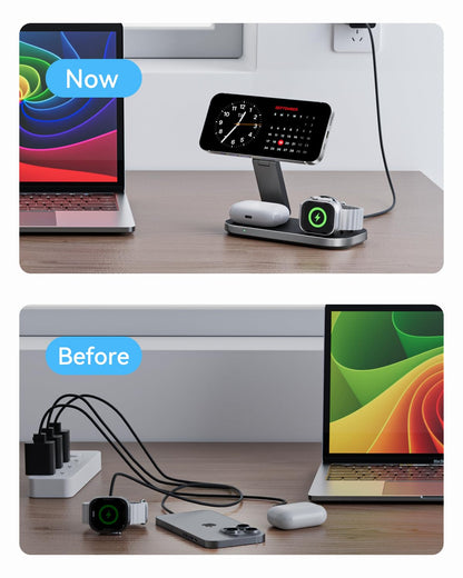 3-in-1 Charging Station for Apple Device, Qi2 25W Certified Magnetic Wireless Foldable Fast Charger Stand Compatible with MagSafe for iPhone 17e/17/16/15/14/13/12/Air Series, Apple Watch & AirPods