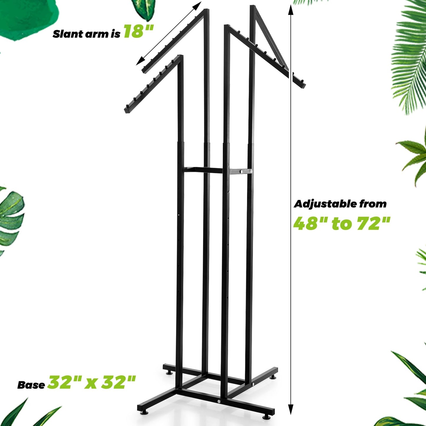 Barydat 4 Way Clothing Rack Heavy Duty Retail Clothing Display Rack with 18 Inch Slanted Arms Square Tubing 48-72 Inch Adjustable Clothes for Boutique Garment Shirt Hanger, 32 x 32 Inch