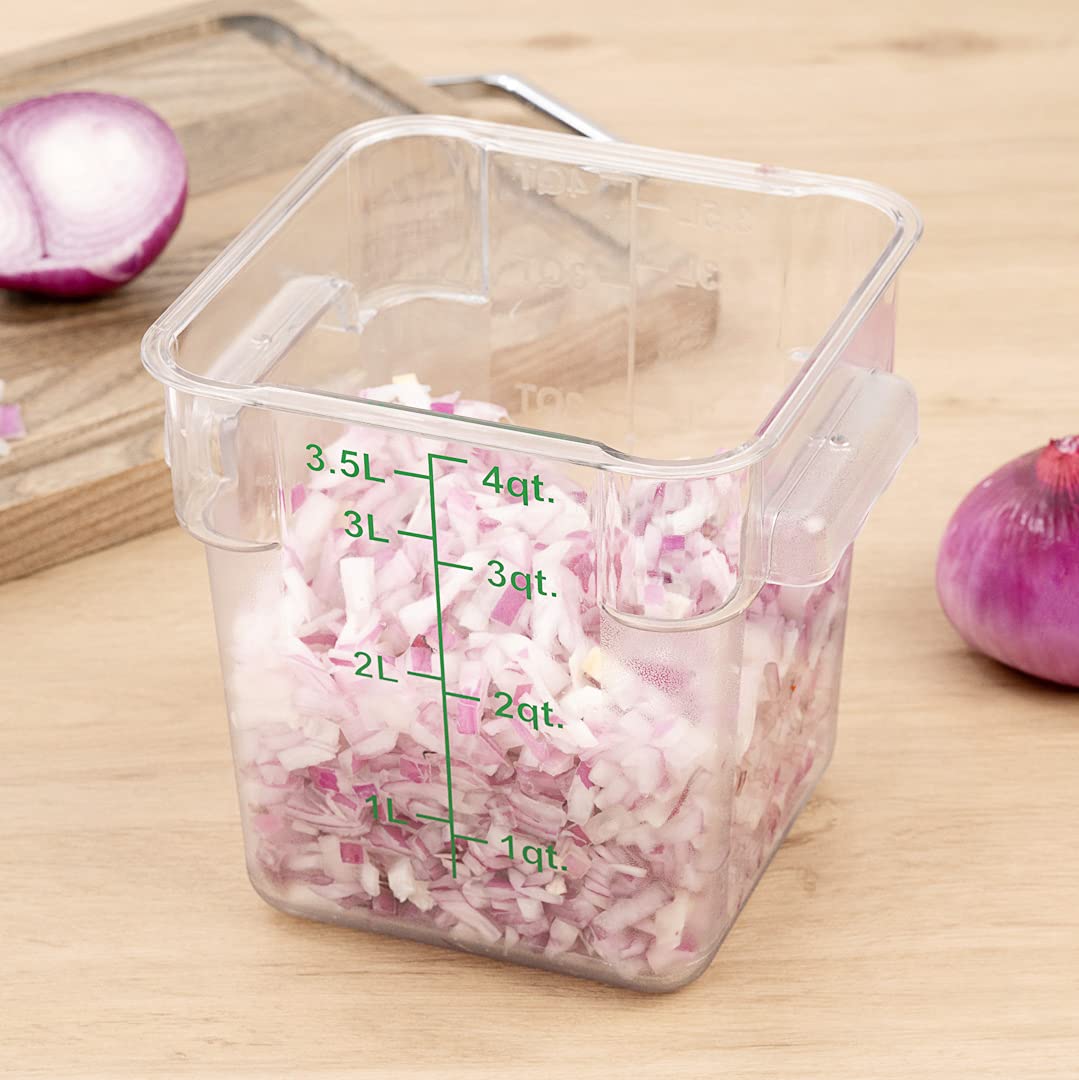 Restaurantware Met Lux 4 Quart Brine Buckets 10 Square Marinating Containers - With Volume Markers Built-In Handles Clear And Green Plastic Dough Rising Buckets Freezer-Safe Lids Sold Separately