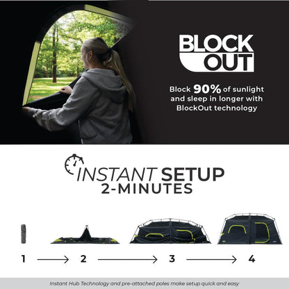 CORE Blackout 9 Person Instant Cabin Tent | Large Multi Room Family Pop Up Dark Room Tent for 2 Minute Camp Setup | Included Storage Pockets for Camping Accessories