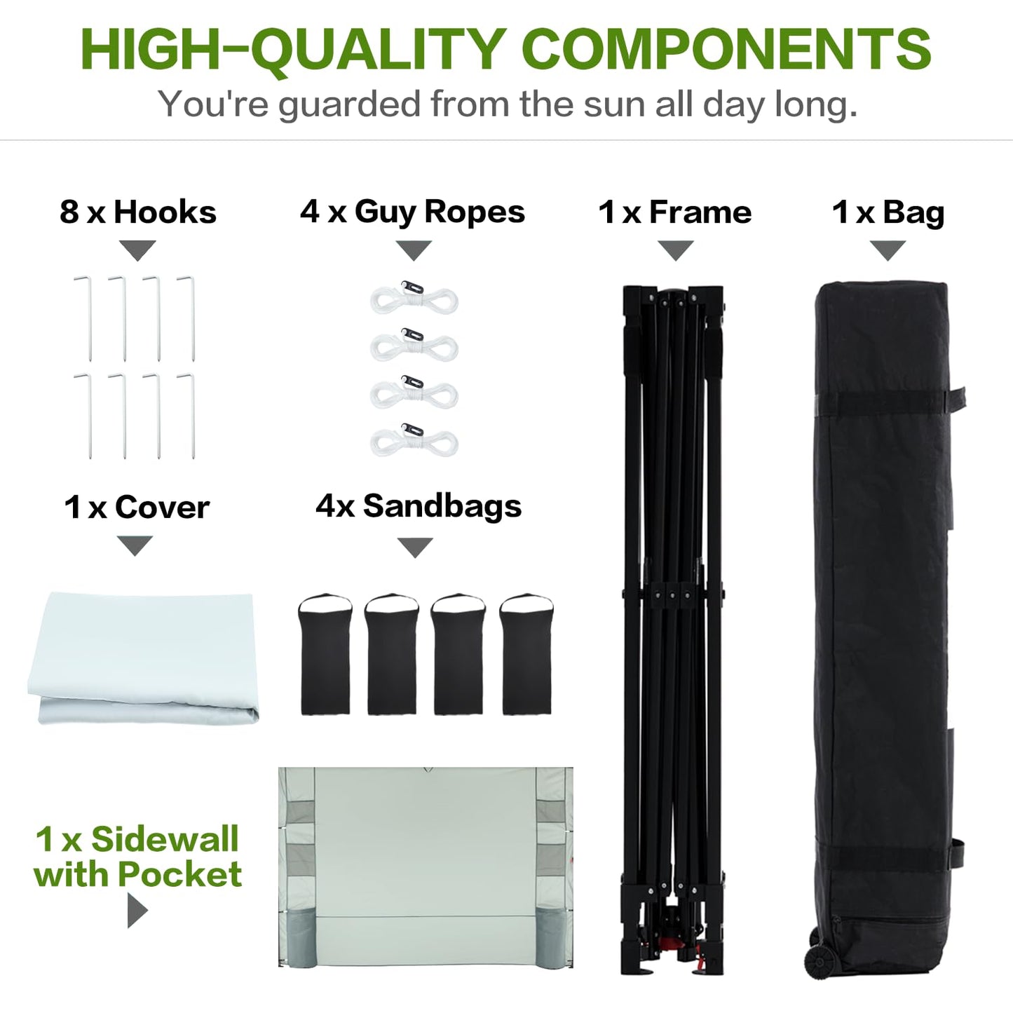 Tunbne 10'x10' Pop Up Canopy Tent with 1 Sidewall and 6 Pockets, One Push Setup, Instant Shade Tent with Vented Roof for Beach Patio Outdoor, Case, 8 Stakes, 4 Ropes, 4 Sandbags (White)